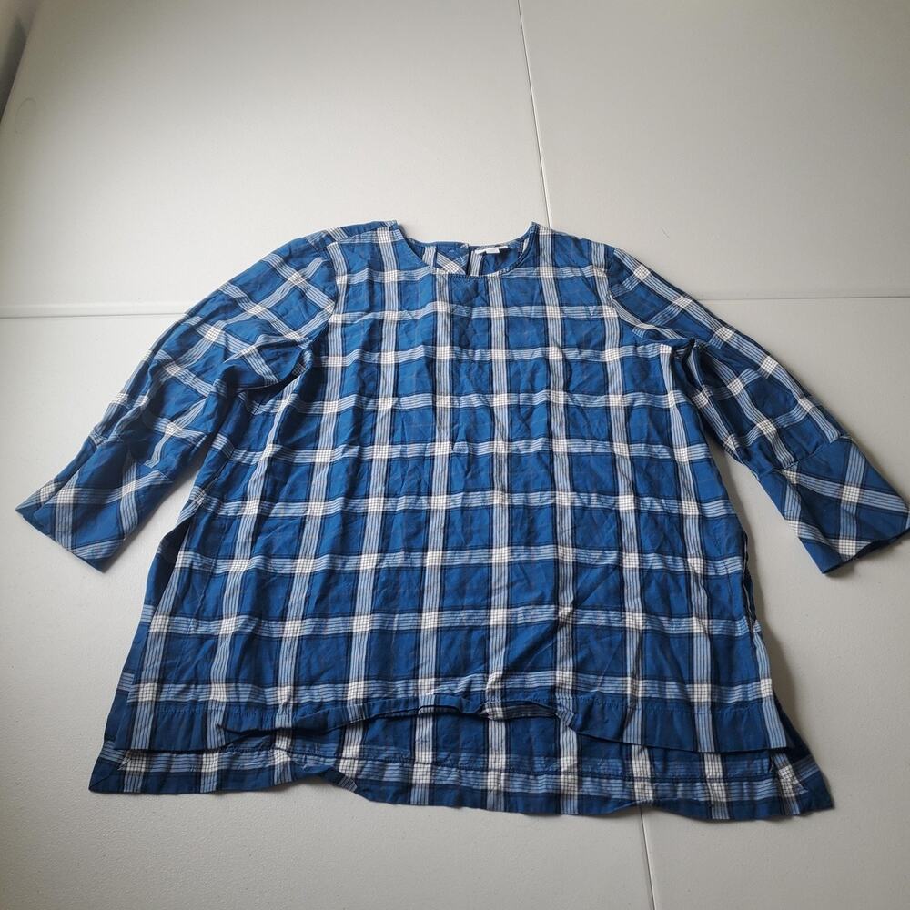 J.Jill Blouse Womens L Petite Blue Plaid Lyocell 3/4 Sleeve Tunic Top Casual